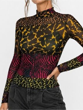 Guess Statement Top Sheer Mesh Mock Neck LS Abstract Animal Black Fuchsia Gold S